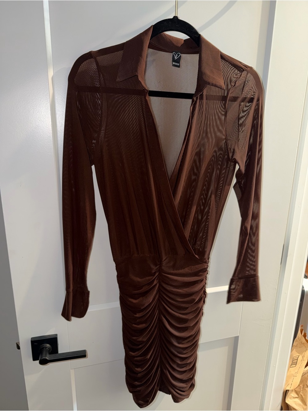 Brown Ruched Sheer Long-Sleeve Wrap Dress